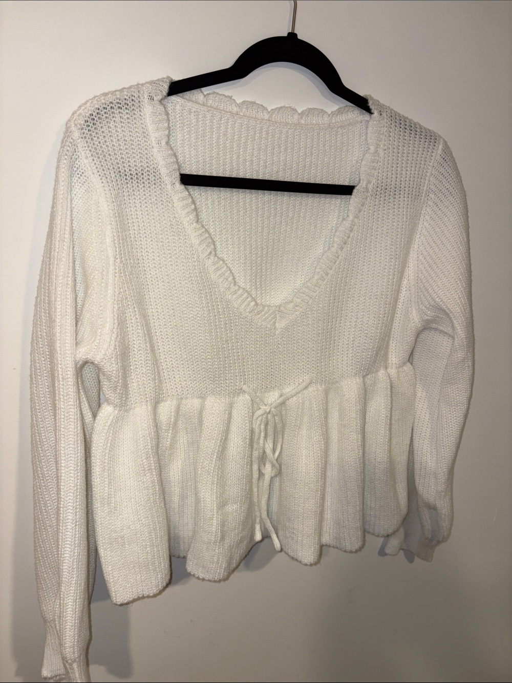 Cropped White V-Neck Peplum Knit Sweater
